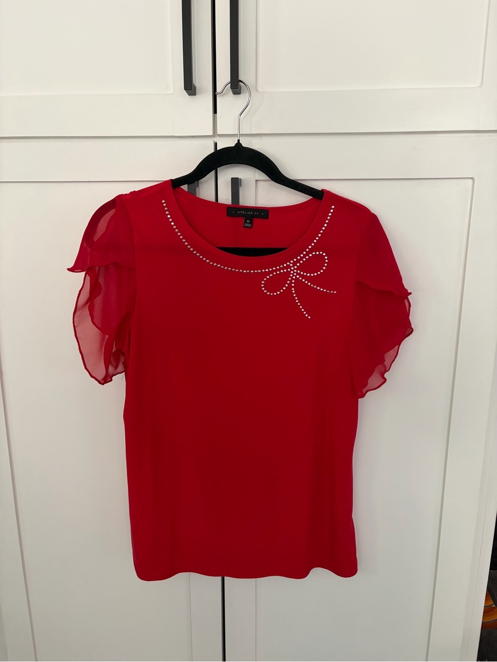 Atelier 29 Red Blouse With Rhinestone Bow